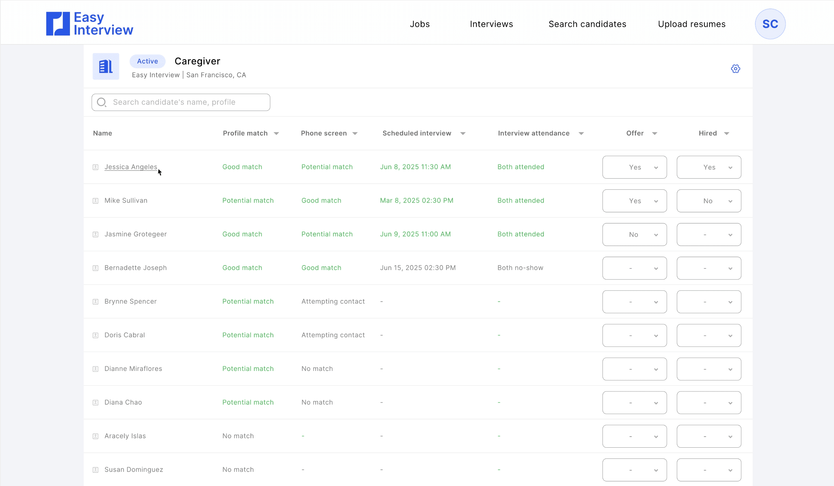 Easy Interview Staffing Dashboard - Candidate Processing Interface