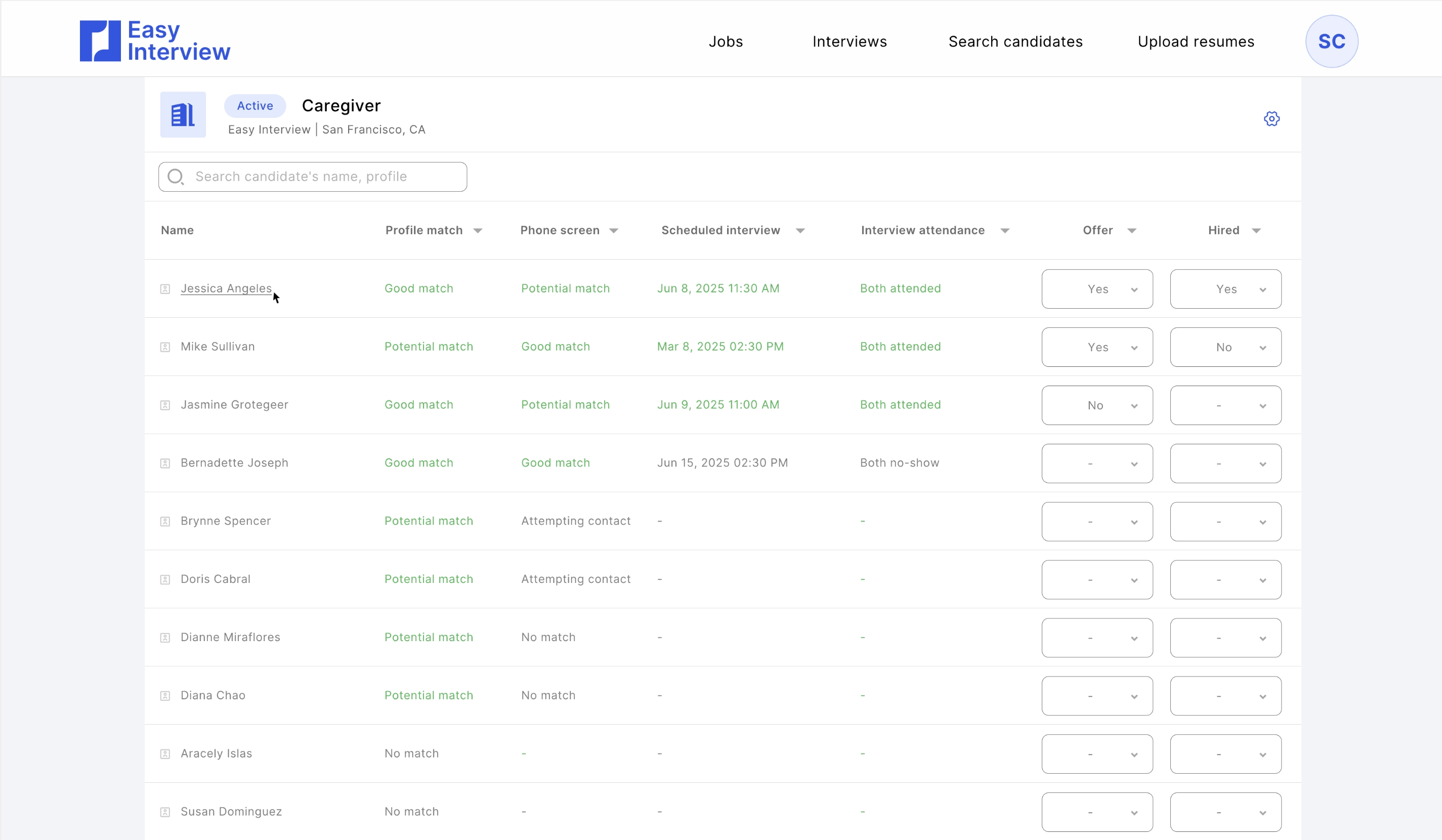 Easy Interview Dashboard - Candidate Management Interface